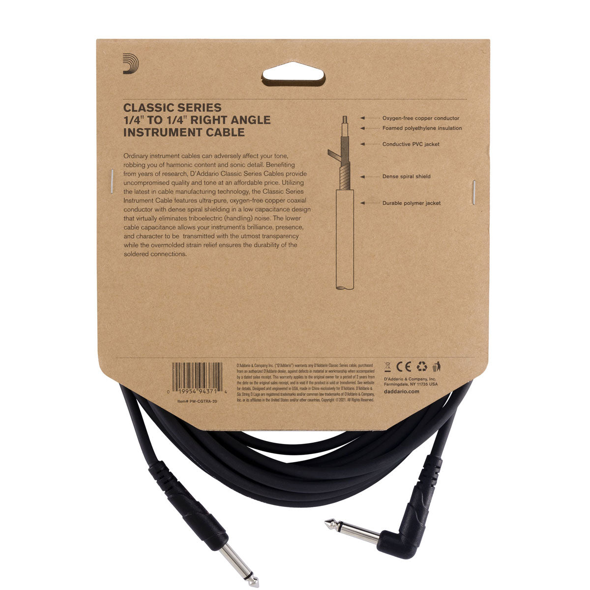 CLASSIC SERIES INSTRUMENT CABLE RIGHT ANGLE PLUG 20 FEET