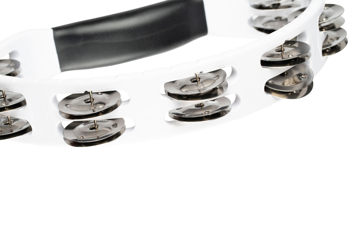 PERCUSSION HEADLINER SERIES HAND HELD ABS TAMBOURINE DUAL ROW WHITE STAINLESS STEEL JINGLES