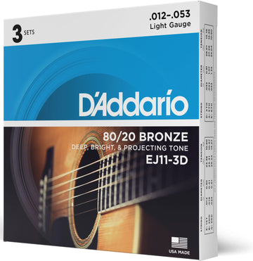STRINGS FOR ACOUSTIC GUITAR EJ11-3D BRONZE 80/20 LIGHT 12-53 (3 SETS)
