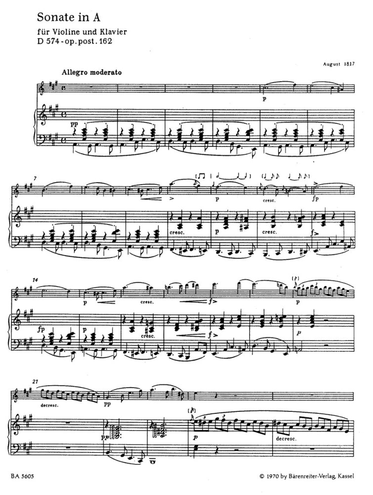 Schubert Franz - Sonata per Violino e Piano in La maggiore Op. Post. 162 D 574