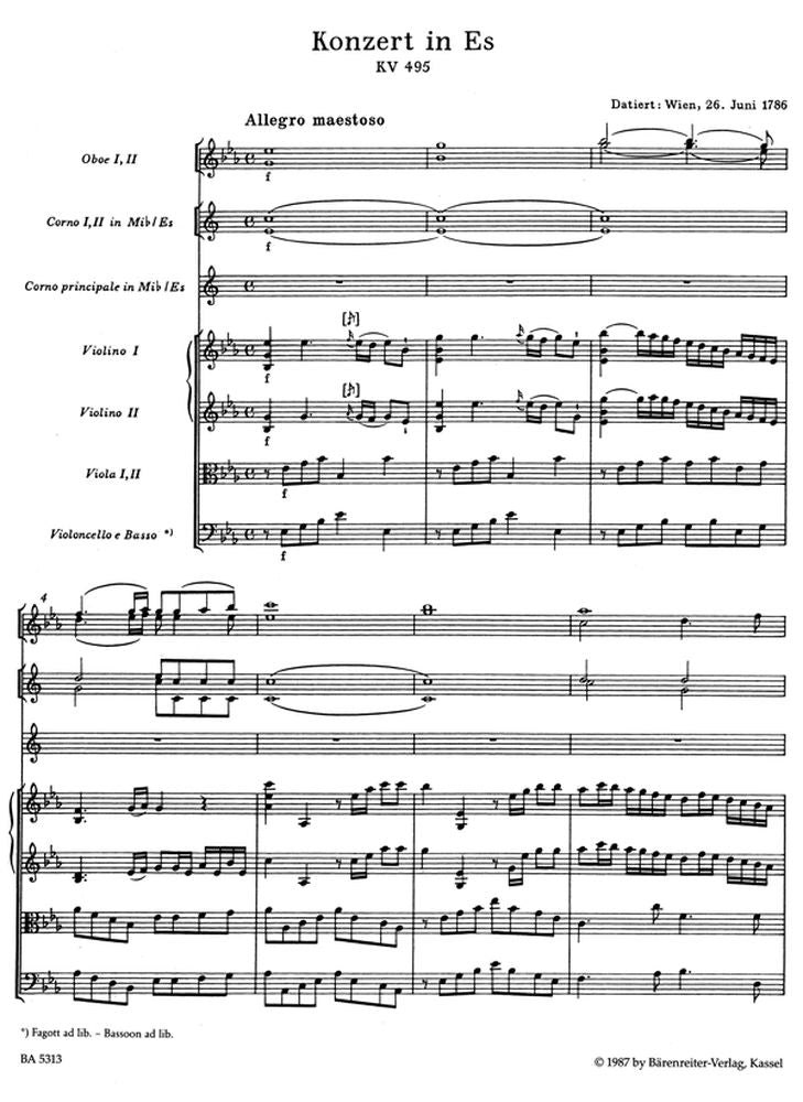 MOZART W.A. - CONCERTO N°4 IN MIB MAGGIORE KV 495 PER CORNO E ORCHESTRA - PARTITURA