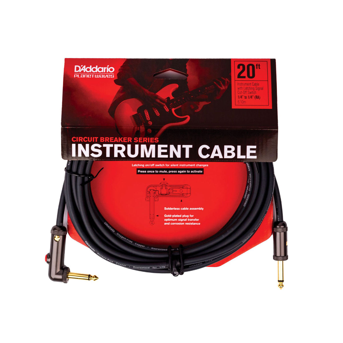 20' INSTRUMENT CABLE WITH PRESSURE SOUND SWITCH ELBOW CONNECTOR BY D'ADDARIO