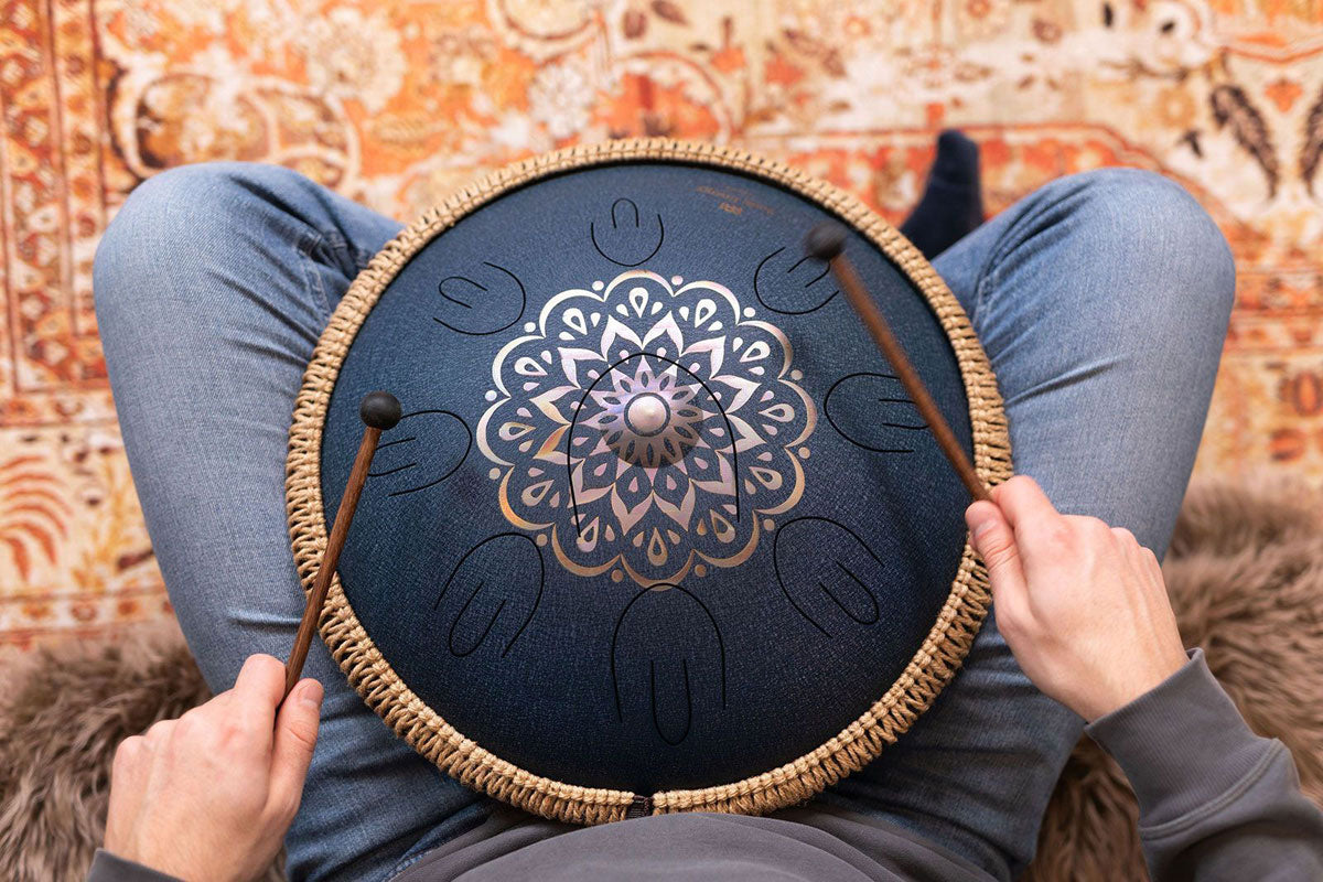 SONIC ENERGY OCTAVE STEEL TONGUE DRUM NAVY BLUE ENGRAVED FLORAL DESIGN D AMARA