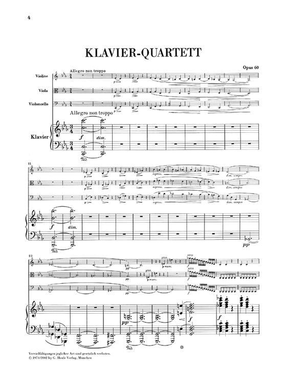 Brahms J. - Quartetto con pianoforte in Do minore Op. 60