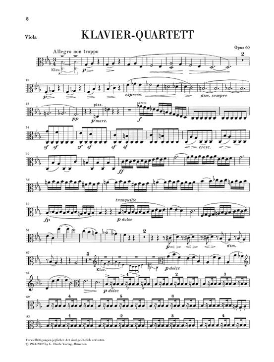Brahms J. - Quartetto con pianoforte in Do minore Op. 60