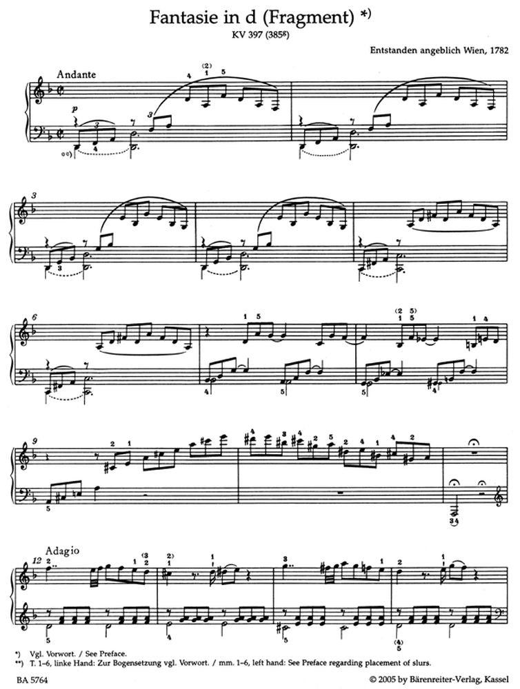 Mozart W.a. - Fantaisie En Re Mineur KV 397 (385G) - Piano