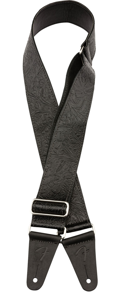 TOOLED LEATHER GUITAR STRAP 2" BLACK