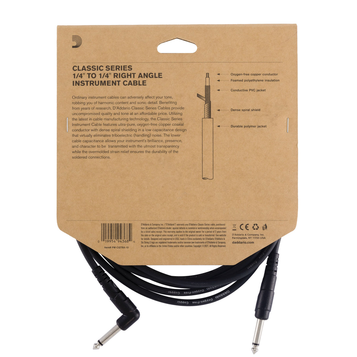 CLASSIC SERIES INSTRUMENT CABLE RIGHT ANGLE PLUG 10 FEET