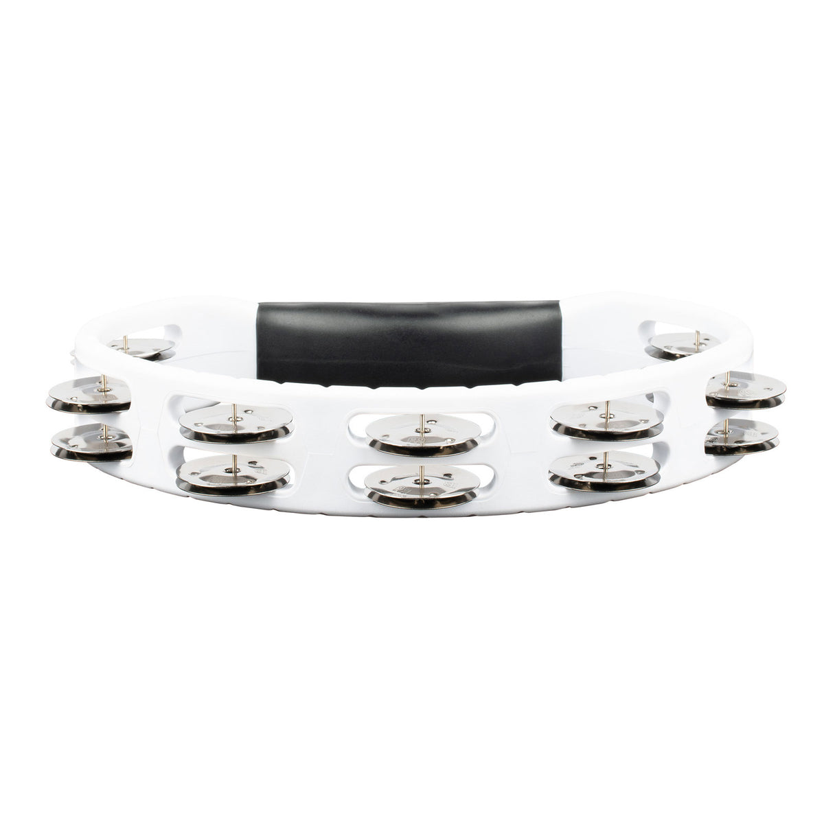 PERCUSSION HEADLINER SERIES HAND HELD ABS TAMBOURINE DUAL ROW WHITE STAINLESS STEEL JINGLES