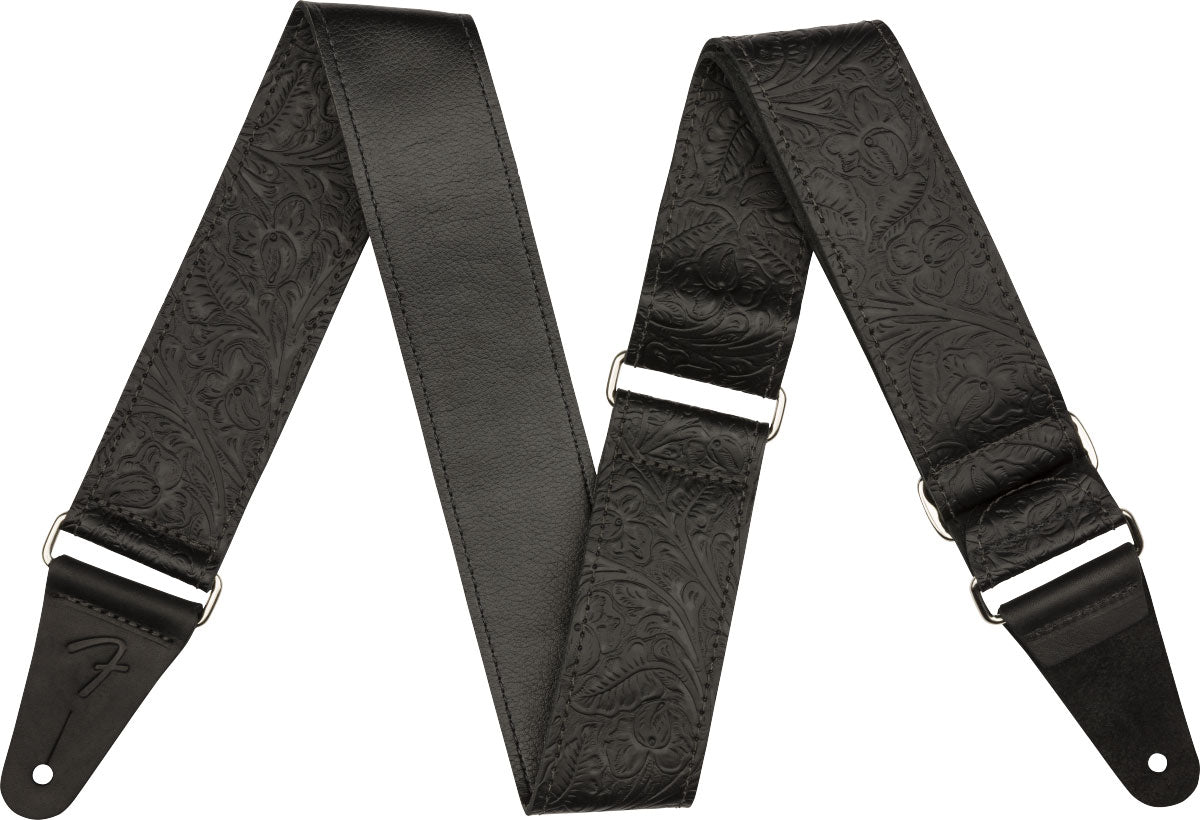 TOOLED LEATHER GUITAR STRAP 2" BLACK