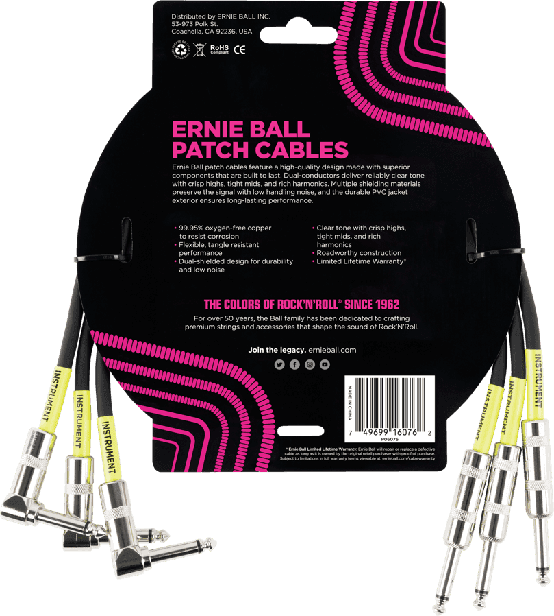 Cavi Strumento Patch Pack Da 3 - Dritti /Angolati - 46CM Nero