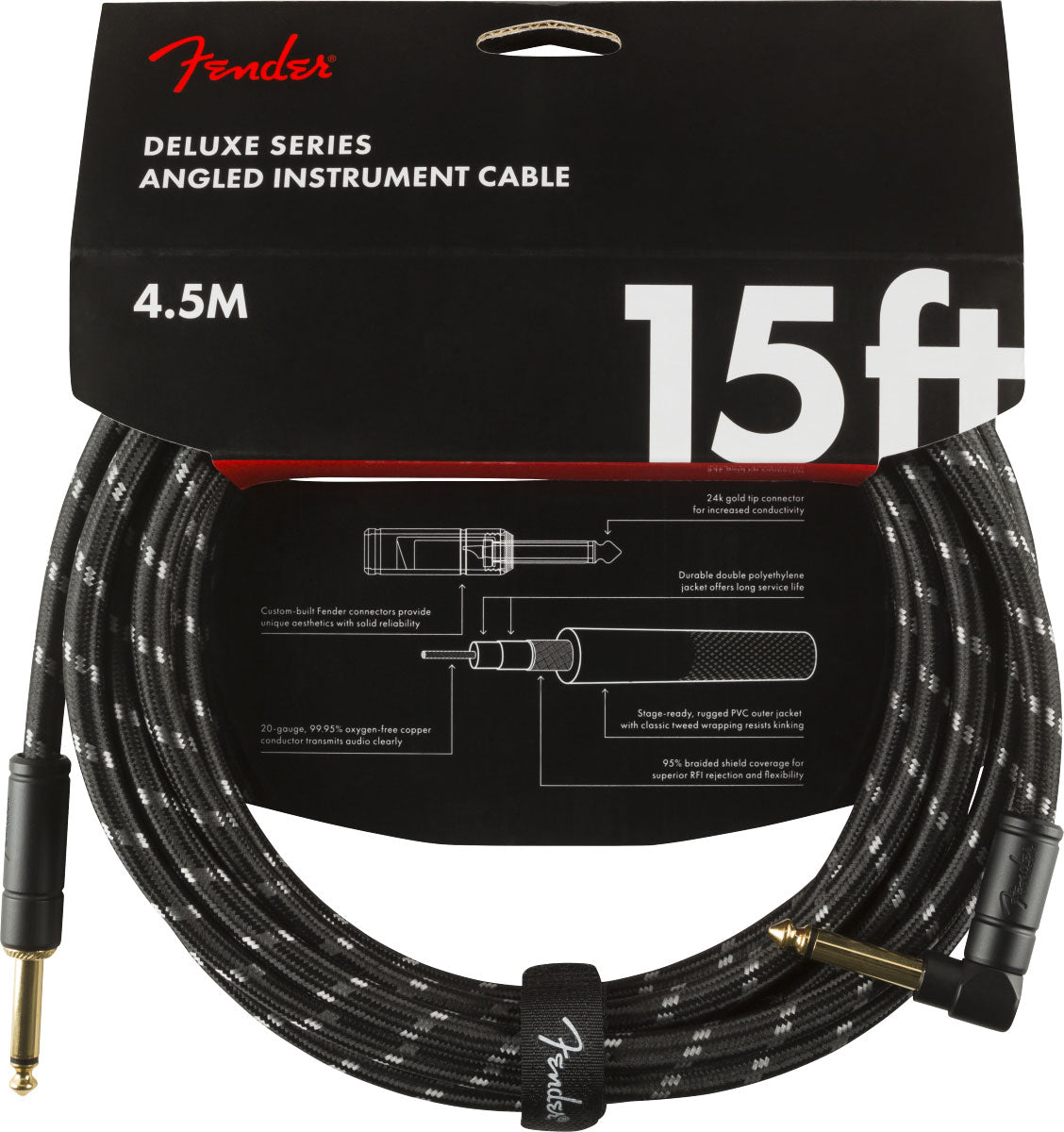 DELUXE INSTRUMENT CABLE STRAIGHT/ANGLE 15' BLACK TWEED