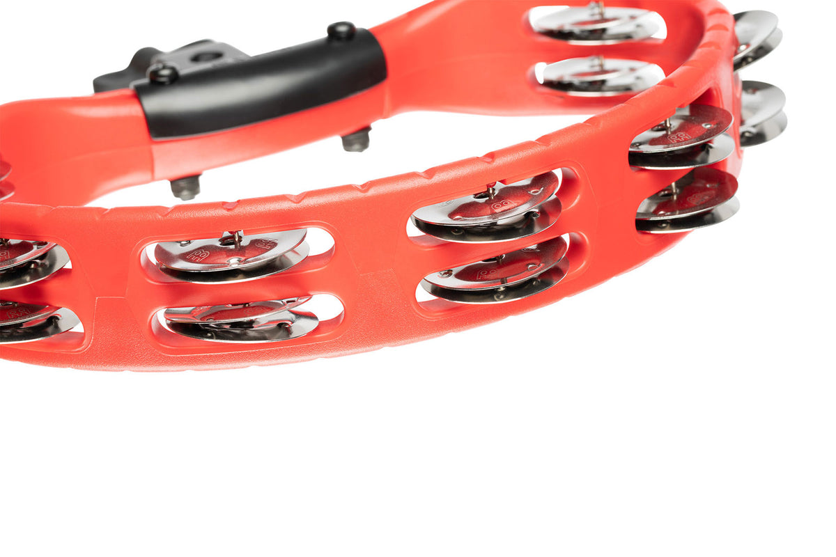 PERCUSSION HEADLINER SERIES MOUNTABLE ABS TAMBOURINE DUAL ROW RED STAINLESS STEEL JINGLES