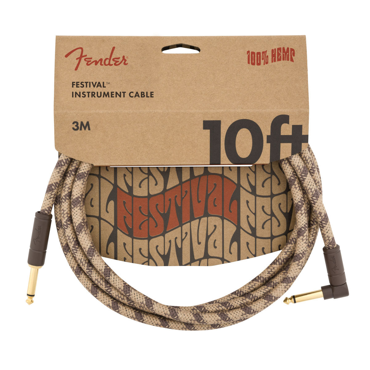 10' ANGLED FESTIVAL INSTRUMENT CABLE PURE HEMP BROWN STRIPE