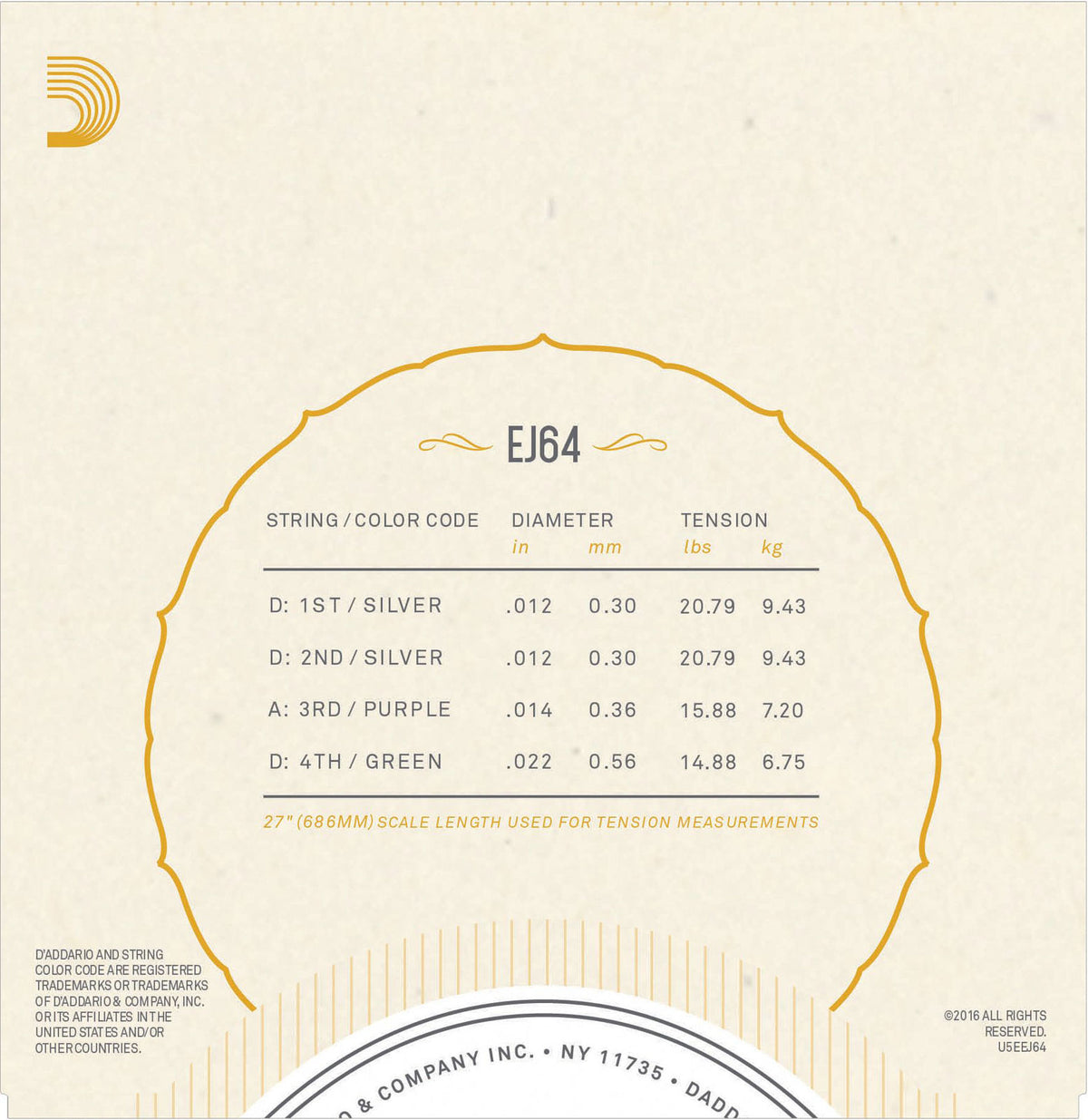 4 STRING DULCIMER STRINGS EJ64 FROM ADDARIO